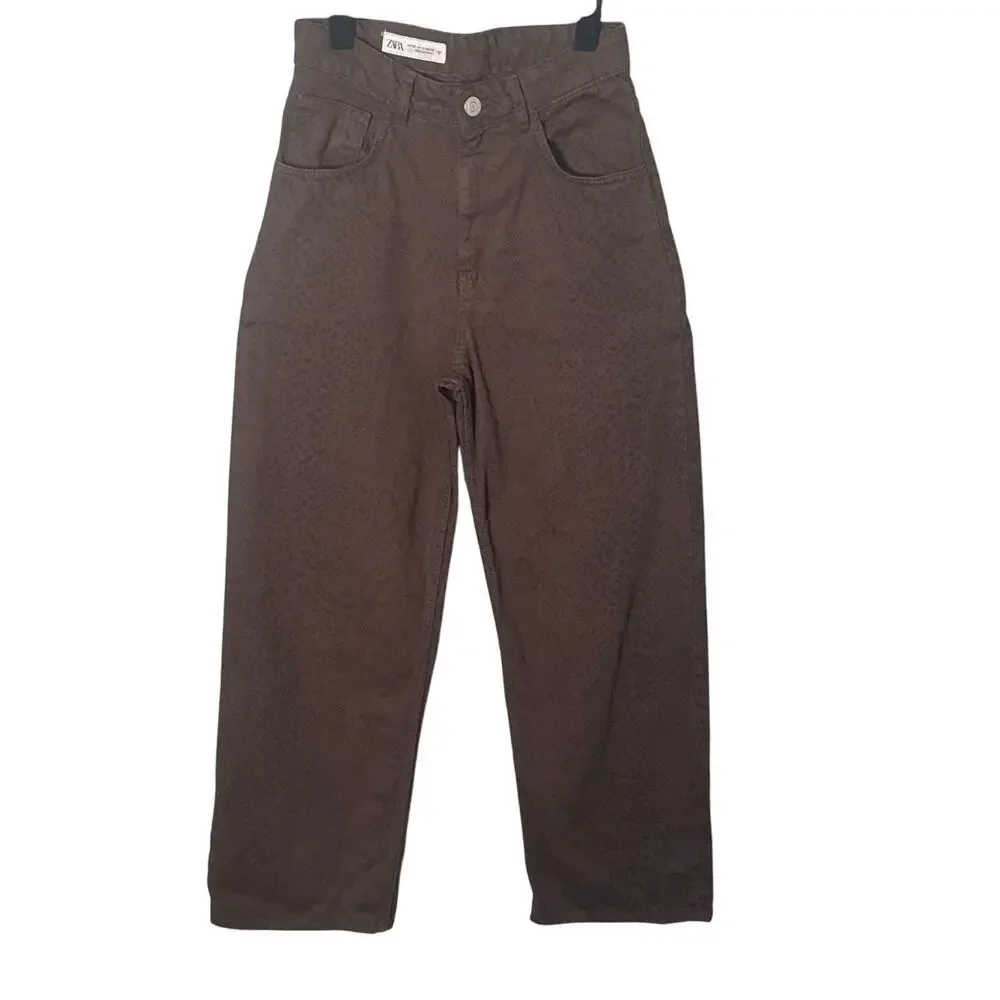 Zara Chocolate Brown Straight Leg Jeans Snakeskin Print Size 0‎